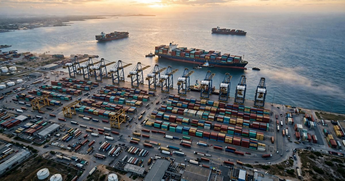 Container ships docked at a busy commercial seaport serving Southeast Asia's factories